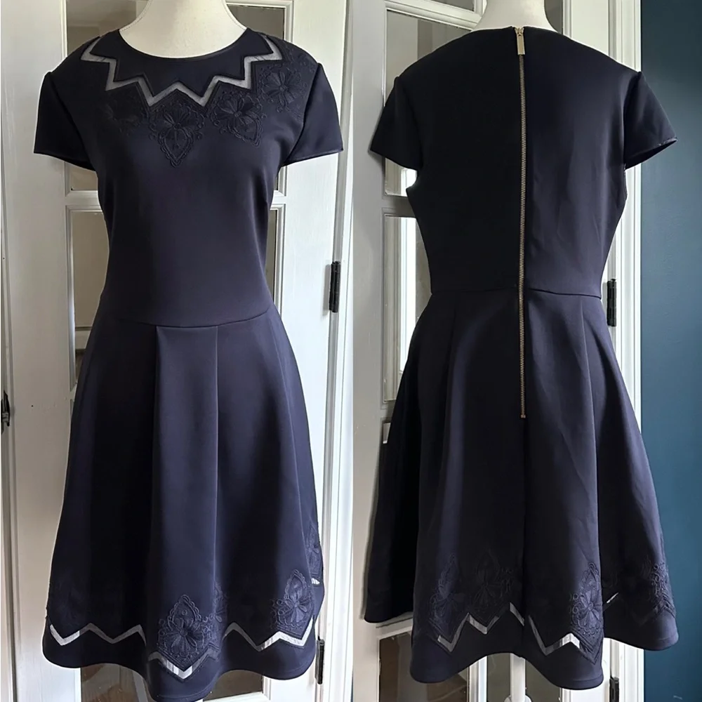 Ted Baker London Navy Cheskka Lace & Mesh Skater Dress | Ted Size 4 / US 10 - Picture 2 of 16